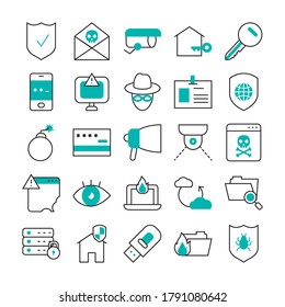 icon set of usb and cyber security over white background, half line half color style, vector illustration