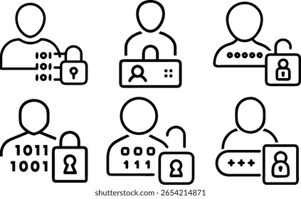 Conjunto de ícones de contas de usuário que representam a privacidade de segurança e a proteção digital nos negócios