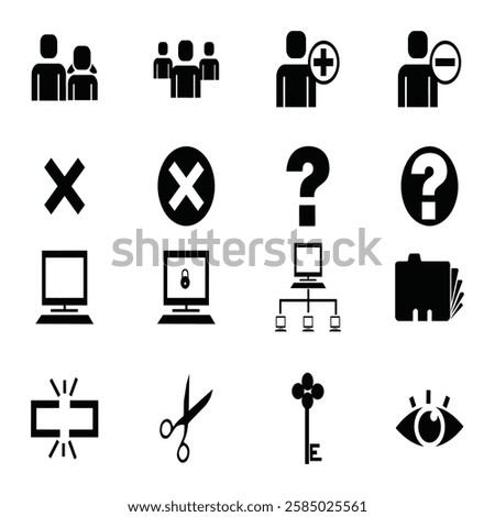 Icon set, user interface symbols, black and
‘white, minimalist design, pictograms, computer
icons, human figures, plus and minus signs, X
marks, question marks, computer monitors,
network diagram.