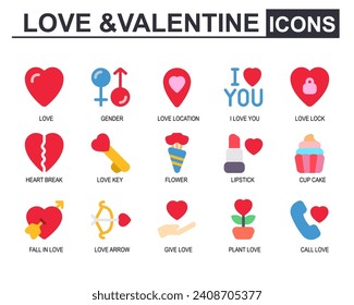 icon set valentine.flat style vector.contains valentine,heart,love,gender,lipstick,cupcake,falling in love,love arrow,giving love,plant,telephone.editable stroke.suitable for application icons.