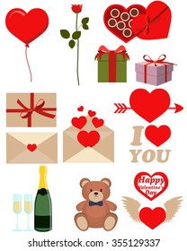 Icon set Valentines Day. Candy, gifts and flowers. Vector illustration
