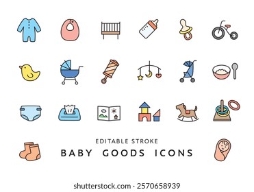 Icon set of various baby products