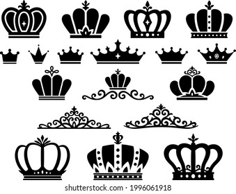 Icon set of various crowns and tiara silhouettes