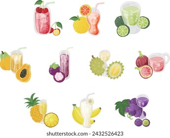 Conjunto de iconos de varios jugos de frutas lindos y deliciosos como cereza y pomelo y cítricos y papaya y mangostán y durión e higo y piña y plátano y uvas