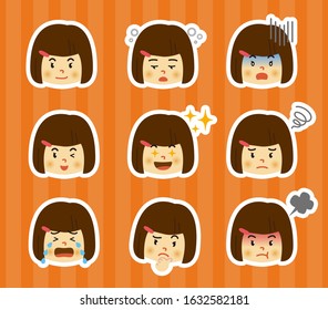 Icon set of various facial expressions of girl.