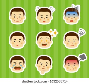 Icon set of various facial expressions of boy.
