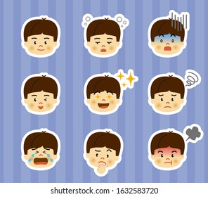 Icon set of various facial expressions of boy.
