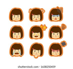 Icon set of various facial expressions of girl.