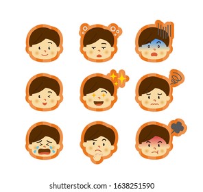 Icon set of various facial expressions of boy.