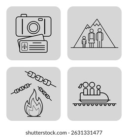 Icon set with various family-friendly outdoor activities including travel, camping, scenic mountains, and amusement park fun. Adventure concept