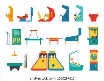 Icon set of various gaming machines. Machines for entertainment and fun. Flat vector illustration.