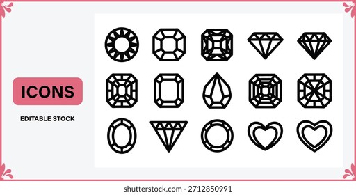 Conjunto de ícones de várias formas de joia projeto de ilustração de estoque editável