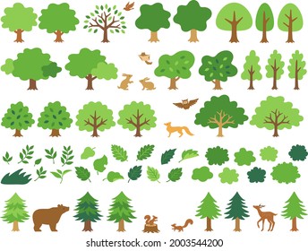 Icon set of various green trees and forest animals