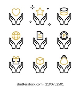 Icon Set With Various Objects Clasped In The Palms Of Both Hands