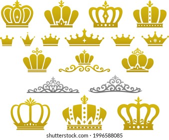 Icon set of various shaped golden crowns and silver tiaras