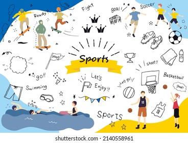icon set of various sports items and flat style people