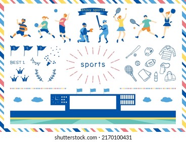 icon set of various sports items and flat style people