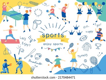 icon set of various sports items and flat style people