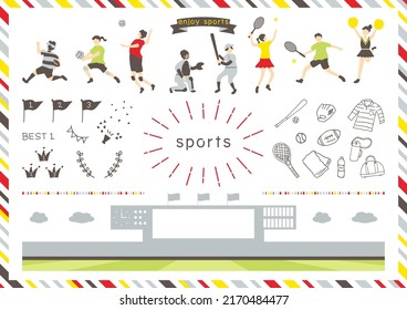 icon set of various sports items and flat style people