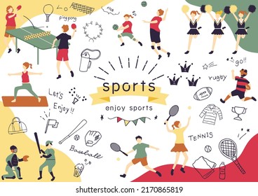 icon set of various sports items and flat style people