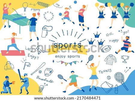 icon set of various sports items and flat style people