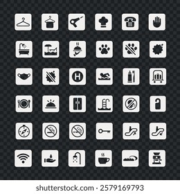 Icon set with various symbols: hotel, restaurant, swimming, no smoking, pet-friendly, and more. Perfect for travel, hotel, and hospitality themes. User interface icon vector set.