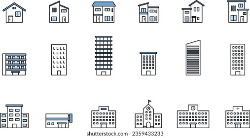 Icon Set of Various Types of Buildings in Vector