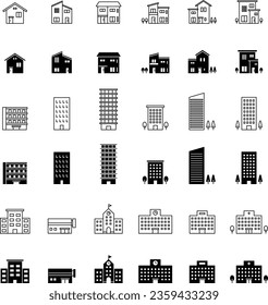 Icon Set of Various Types of Buildings in Vector