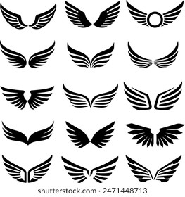 Icon set of various wings, wing pairs. Flat vector illustrations, isolated on transparent background	
