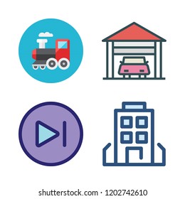 icon set. vector set about building, garage, next and train icons set.