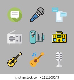  icon set. vector set about camcorder, microphone, acoustic guitar and radio icons set.