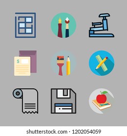 icon set. vector set about invoice, school material, finance book and floppy disk icons set.
