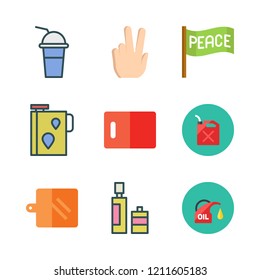  icon set. vector set about peace, seasoning icon, oil and kitchen board icons set.