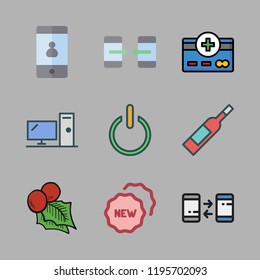 up icon set. vector set about wine bottle, desktop, power and badge icons set.