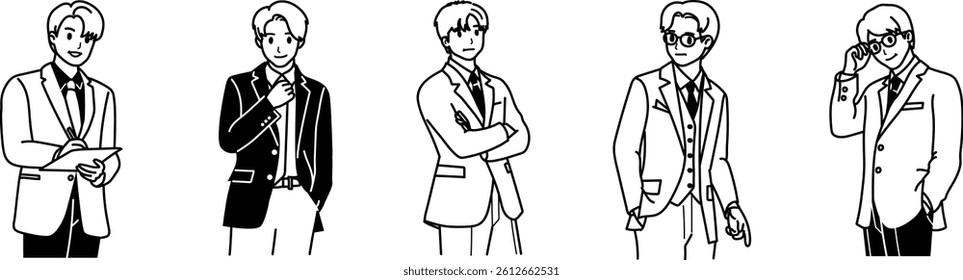 Icon set vector art working man in suit nice handsome different style black line 