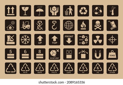 icon set - vector cargo symbols and packaging icons on black perforated