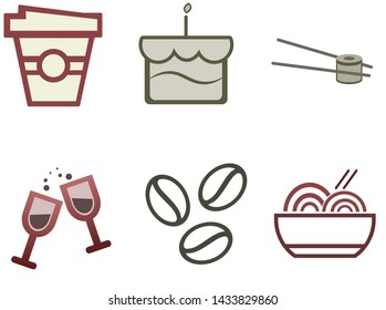 icon set vector, cup, cake, red simple design.