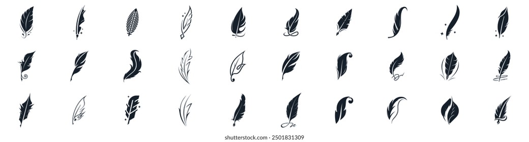 icon set vector feather ink inspiration. feather pen ink signature symbol. set of abstract signature feather pen logo design template on white background.