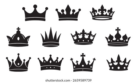Icon Set Vector featuring Decorative Crown Designs in Black Silhouette Style