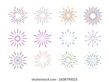 Icon set vector of fireworks that explode in happy new year sparkles. Spark gift for merry Christmas, Christmas celebration to celebrate isolated abstract event — party festival with circle star shoot