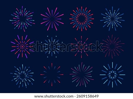 Icon set vector of fireworks that explode in happy new year sparkles. Spark gift for merry Christmas, Christmas celebration to celebrate isolated abstract event — party festival with circle star shoot