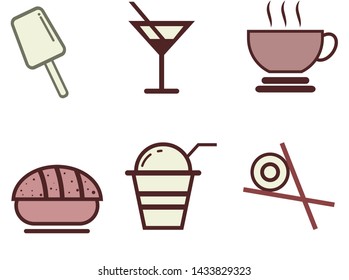 icon set vector, food, glass, drink, coffee, dessert, pink simple design.