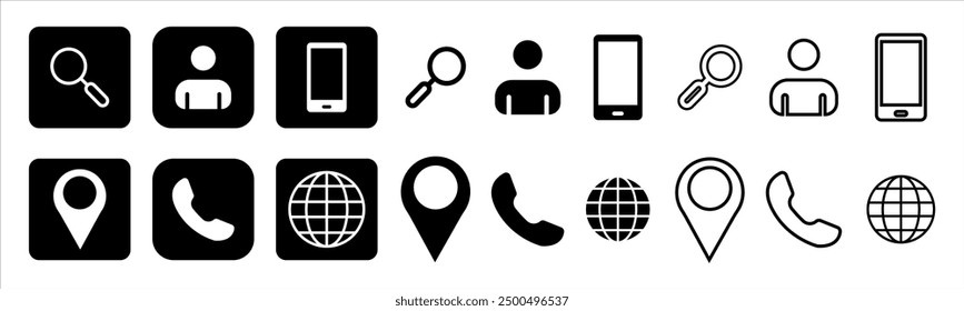 Icon set vector graphic of contact us. Icons in black and white color style. Good for online bussines,isolated on white background.
