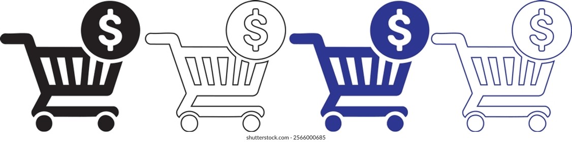 icon set of vector shopping cart trolley basket with dollar. Isolated on a white background. Simple flat design, silhouette of shopping cart
