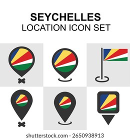 Conjunto de iconos con vibrantes diseños de la bandera de Seychelles y pines de ubicación tropical.