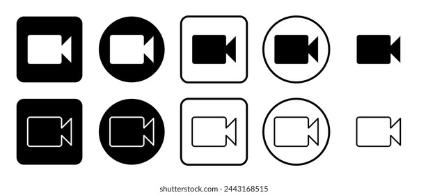 Icon set of video camera symbol. Filled, outline, black and white icons set, flat style.  Vector illustration on white background