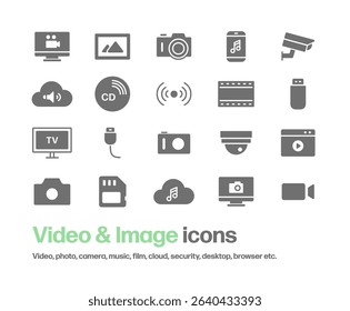 Icon set for video, photo, camera, browser, desktop, music, etc.