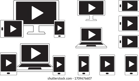 Icon set for video playback button, PC, smartphone and tablet