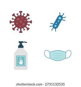 Icon-Set für die Virenprävention mit chirurgischer Maske, Handdesinfektionsmittel, Pumpflasche und Bakteriensymbolen.