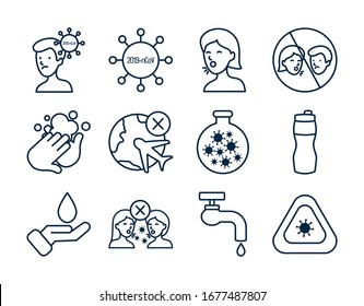 Icon set of virus symbol and covid 19 concept over white background, line style, vector illustration